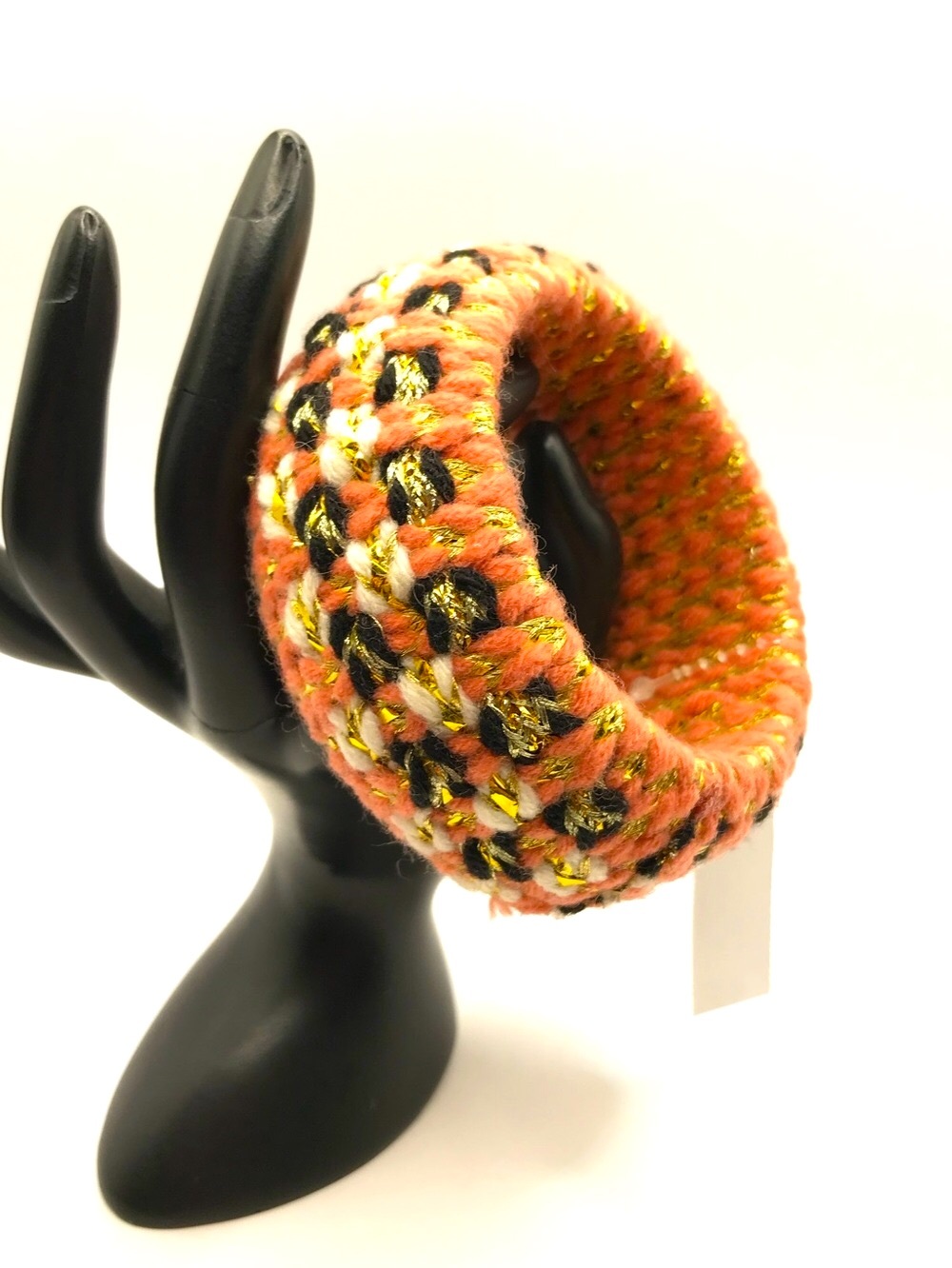 Von Maur Coral, Black & White Woven Knit Bracelet with Gold Thread